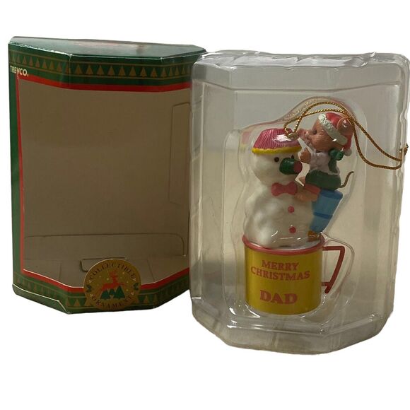 Vintage Trevco Snowman Ornament Climbing Mouse Miniature Merry Christmas Dad Cup - Picture 9 of 10